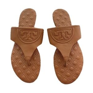 Tory Burch Fleming Quilted Nappa Leather Flat Sandals Brown Thongs Logo Size 8